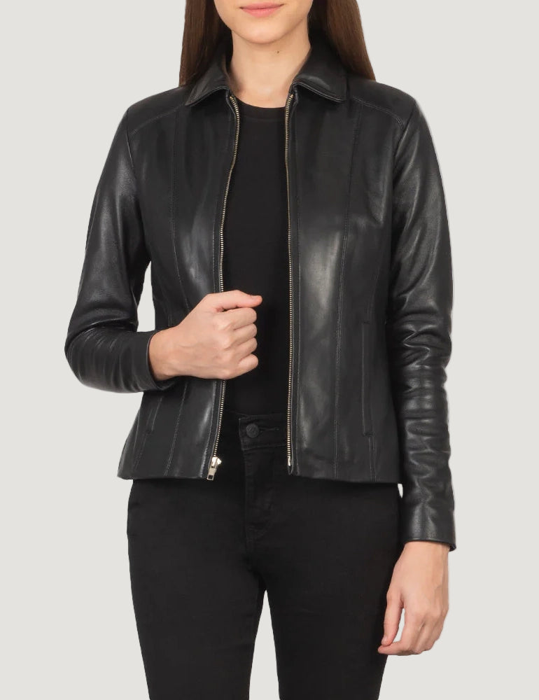 Black leather jacket worn by a person on a white background